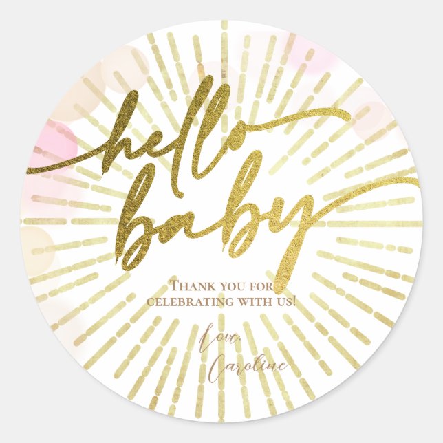 Hello Sunshine Boho Modern Happy Baby Girl Shower Classic Round Sticker (Front)