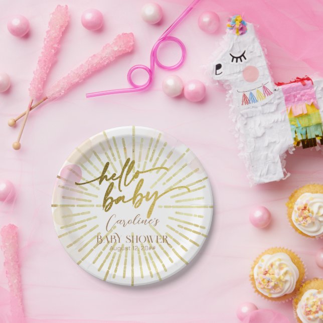 Hello Sunshine Boho Modern Happy Baby Girl Shower Paper Plates (Party)