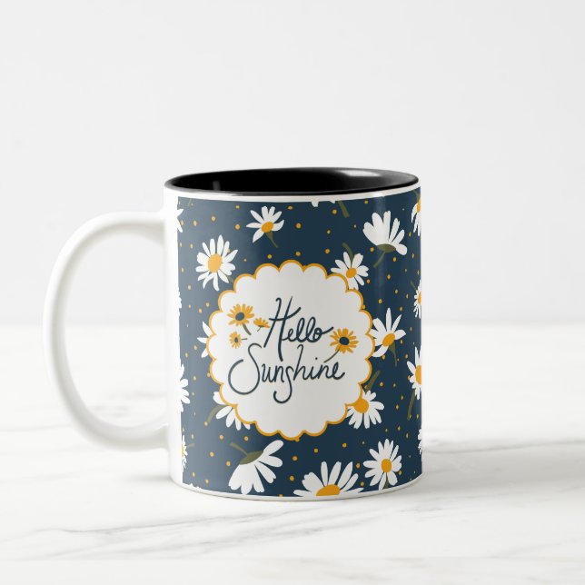 Hello Sunshine Classic Yellow Daisy Flowers Two-Tone Coffee Mug (Left)
