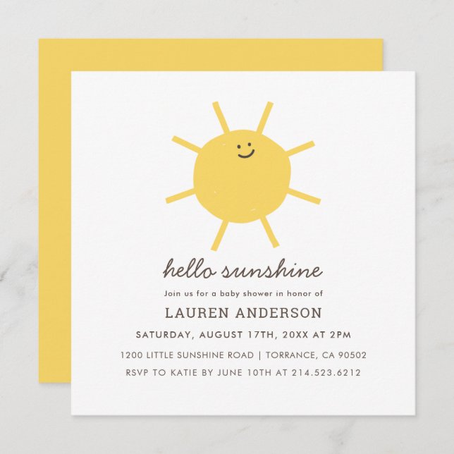 Hello Sunshine Gender Neutral Baby Shower Square I Invitation (Front/Back)