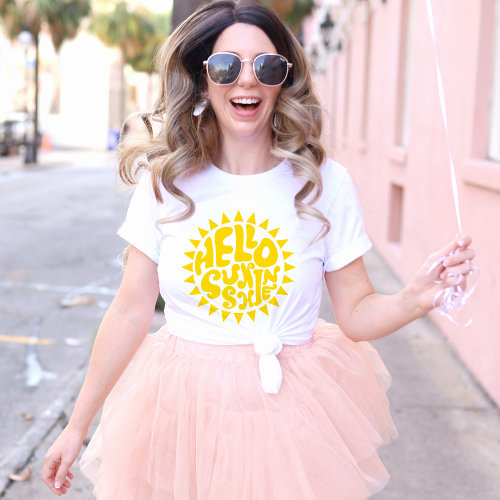 Hello Sunshine Lettering Yellow Sun Text Design T_Shirt