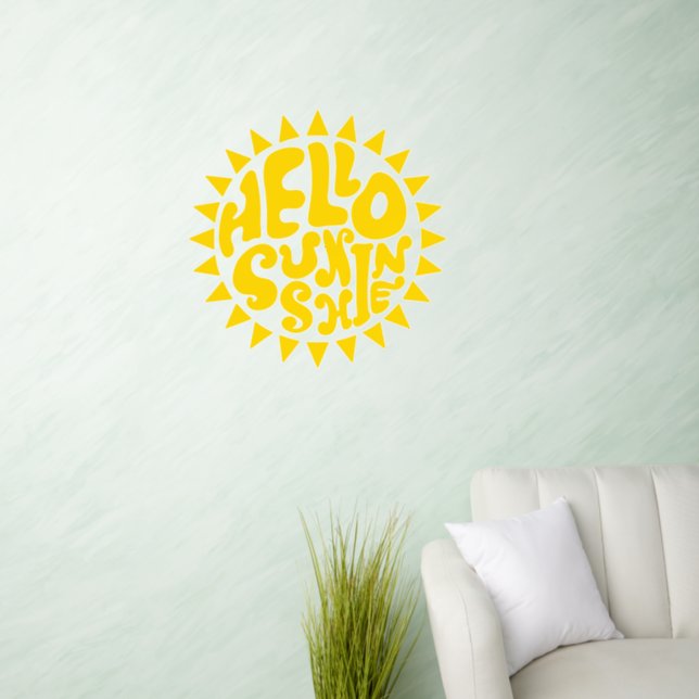 Hello Sunshine Lettering Yellow Sun Text Design Wall Decal (Living Room)