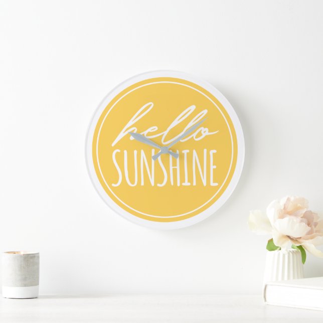 Hello Sunshine Quote Typography Yellow White Large Clock (Home)