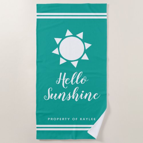 Hello Sunshine summer beach towel with custom name
