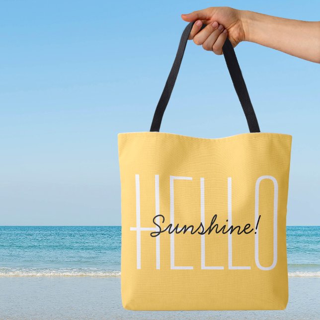 Hello Sunshine Yellow Black Text Modern Typography Tote Bag (Cute Hello Sunshine Bright Yellow Black Text Modern Typography Canvas Shopping Beach Travel Tote Bag)