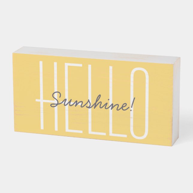 Hello Sunshine Yellow Typography Modern Wooden Box Sign (Angled Horizontal)