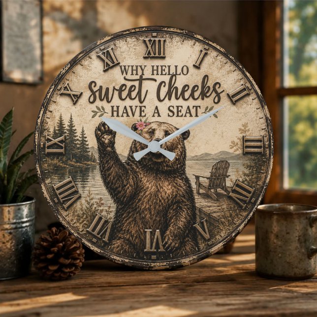 Hello Sweet Cheeks Rustic Bear Funny Lake Cabin Large Clock (Creator Uploaded)