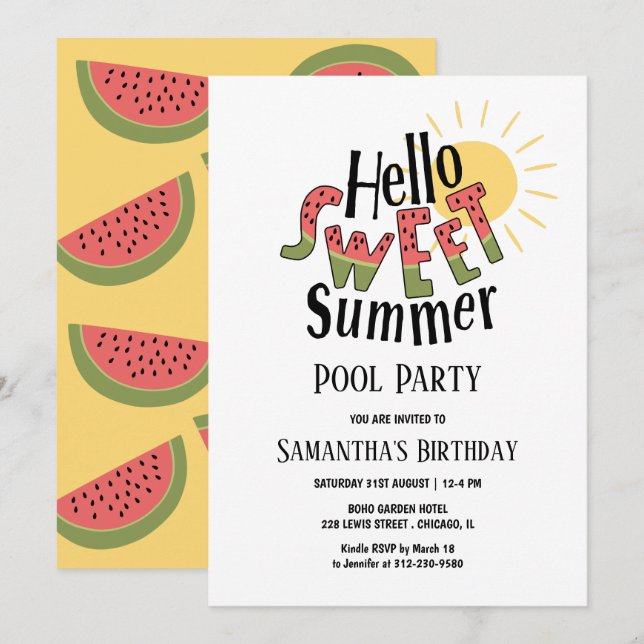 Hello Sweet Summer Watermelon Pool Party Bday Invitation (Front/Back)