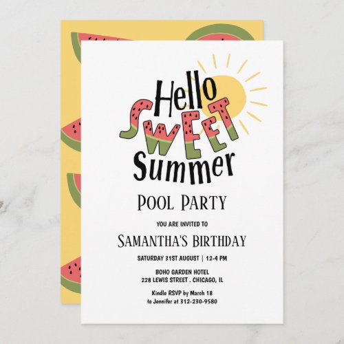 Hello Sweet Summer Watermelon Pool Party Bday Invitation