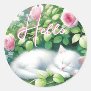 Hello Sweet White Kitten Napping Classic Round Sticker