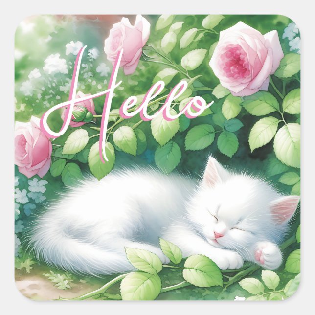Hello | Sweet White Kitten Napping Square Sticker (Front)