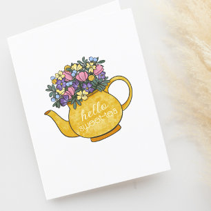 Hello Sweetie Teapots with Flowers Blank Letterpress Thank You Card