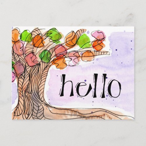 Hello  Thank You _ Fun Leafy Tree Watercolor Postcard