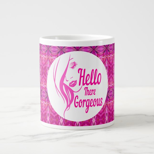 Hello There Gorgeous Lovely Lady Face Pink Pattern Giant Coffee Mug (Front)