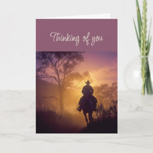 Hello Thinking of You Cowboy Riding Horse Sunset Card