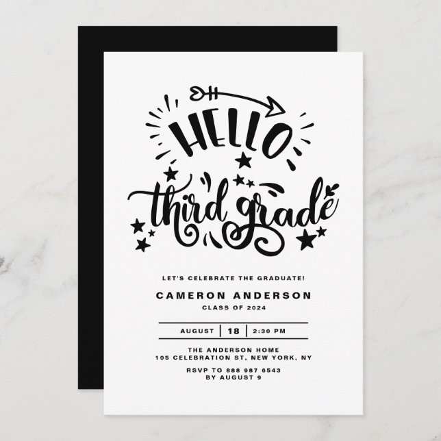 Hello Third Grade | Black Second Grade Graduation Invitation (Front/Back)