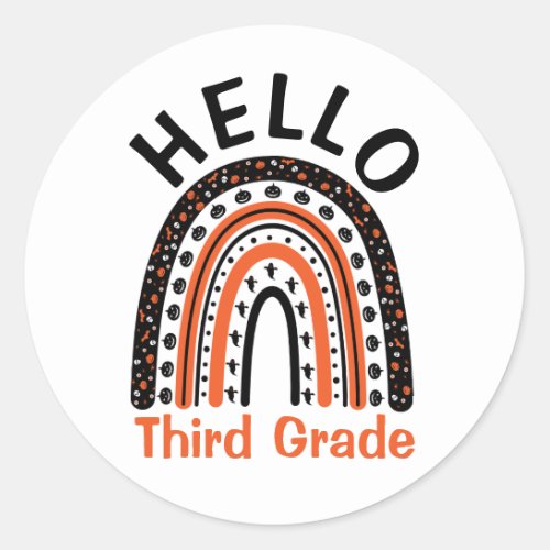 Hello Third Grade Halloween teacher boho rainbow Classic Round Sticker