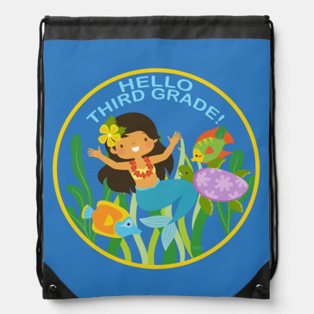 Hello Third Grade! Mermaid Sea Turtle Drawstring Bag (Front)