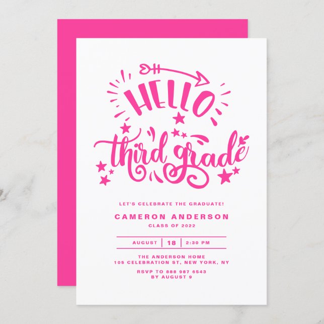 Hello Third Grade | Pink Second Grade Graduation Invitation (Front/Back)
