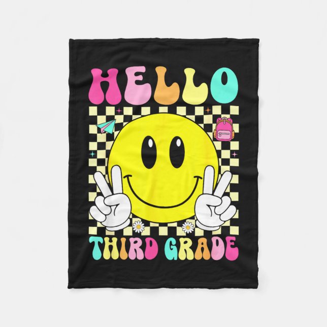 Hello third grade retro smile face back to school fleece blanket (Front)