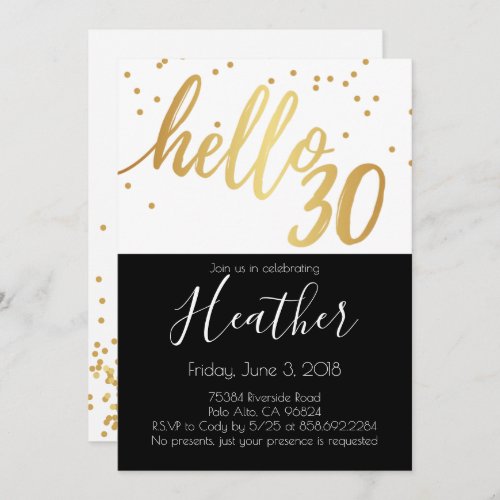Hello Thirty 30th Birthday Gold and Black Confetti Invitation