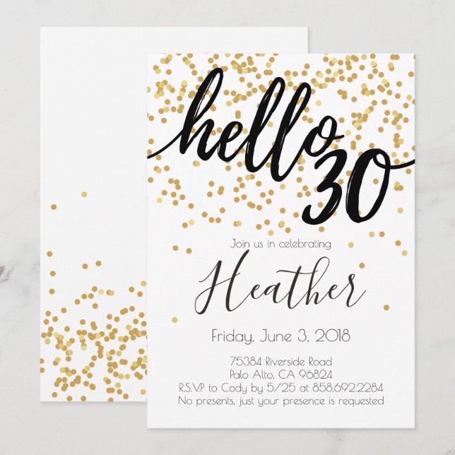 Hello Thirty 30th Birthday Gold and Black Confetti Invitation (Front/Back)