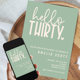 Hello Thirty 30th Birthday Modern Sage Minimal Invitation