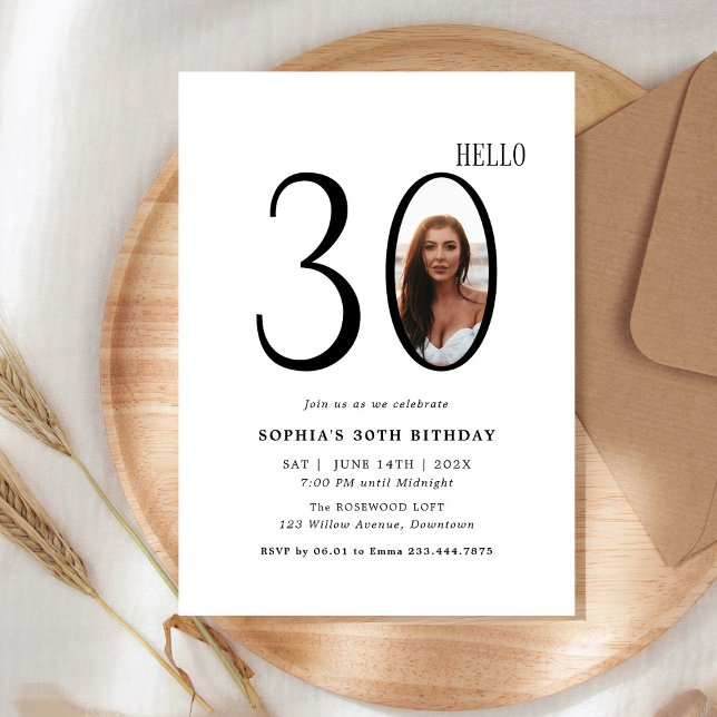 Hello Thirty Black and White Photo 30th Birthday Invitation (Creator Uploaded)