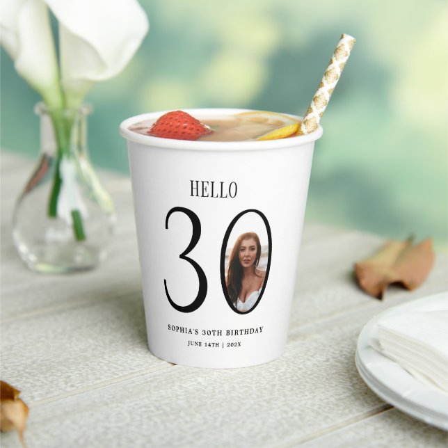 Hello Thirty Black and White Photo 30th Birthday  Paper Cups (Insitu)