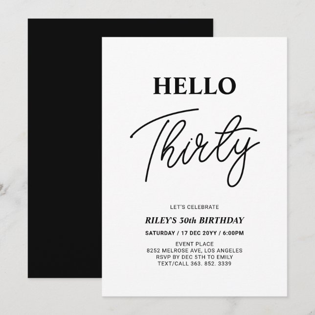 Hello Thirty | Black & White 30th Birthday Party Invitation (Front/Back)