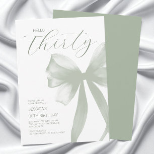 Hello Thirty Elegant Green Bow 30th Birthday Party Invitation