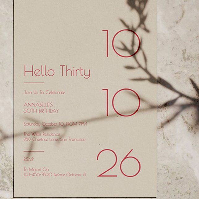 Hello Thirty Minimal Modern 30th Birthday Invitation (Creator Uploaded)