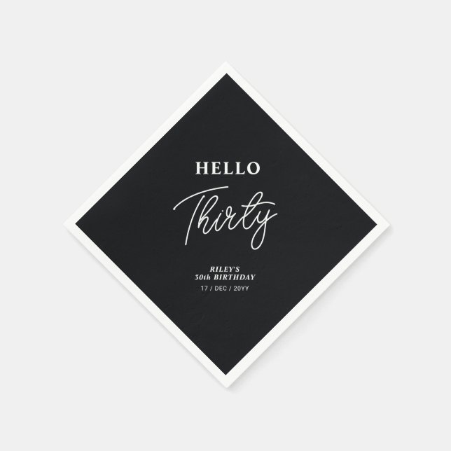 Hello Thirty | Modern Black 30th Birthday Party Napkins (Corner)