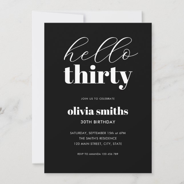 Hello Thirty Modern Black and White 30th Birthday Invitation (Front)