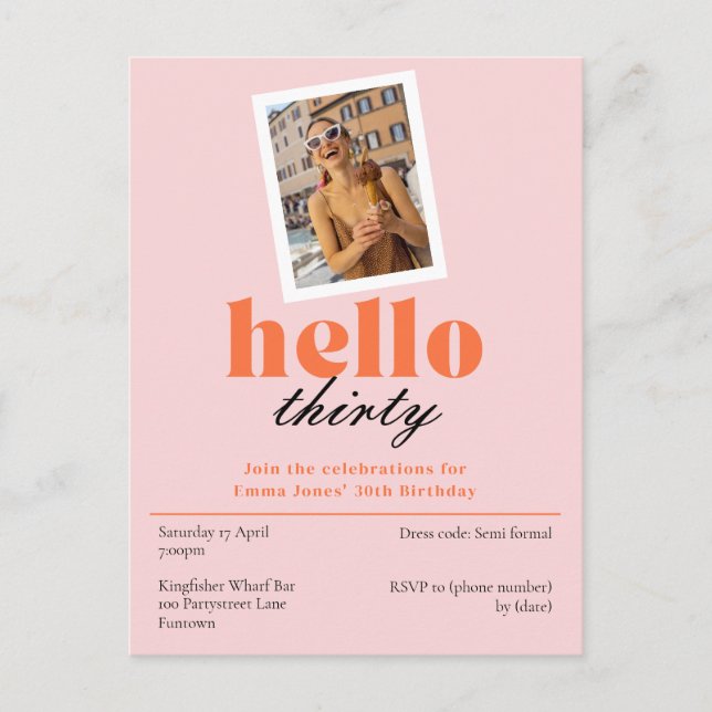 Hello thirty Peach 30th birthday retro Invitation Postcard (Front)