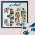 Hello Thirty Photo Collage 30th Birthday Square Jigsaw Puzzle<br><div class="desc">Say Hello Thirty with a unique photo puzzle for someone special's 30th birthday. The photo template is set up for you to add 14 photographs which will be displayed in the shape of the number 30. The photo collage has a variety of landscape, square and portrait photos, giving you lots...</div>