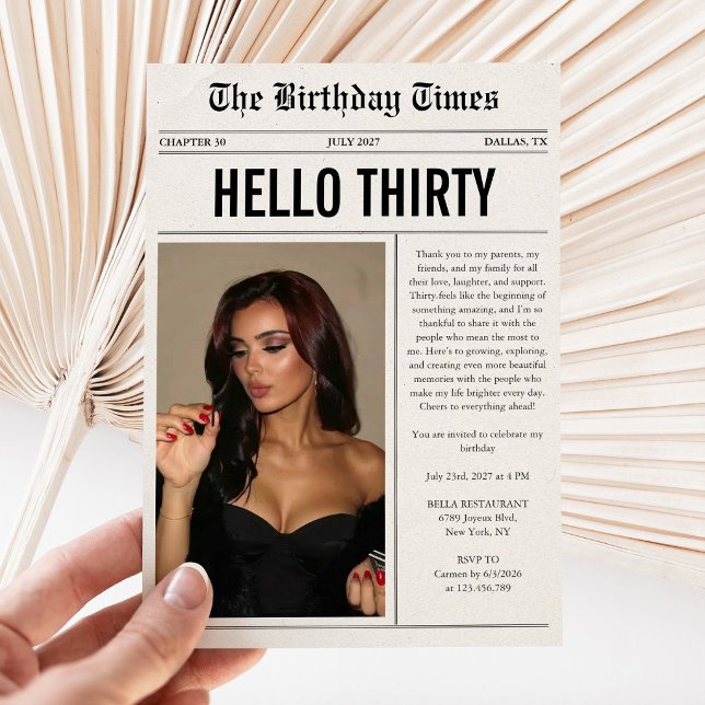 Hello Thirty Photo Newspaper 30th Birthday Invitation (Creator Uploaded)
