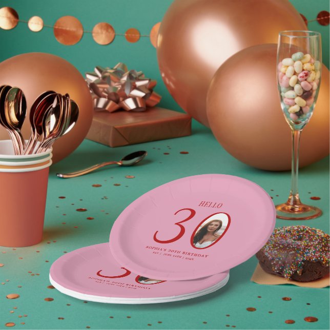 Hello Thirty Pink and Red Photo 30th Birthday  Paper Plates (Multi)
