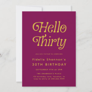 Hello Thirty Retro Wine red & gold 30th Birthday Invitation