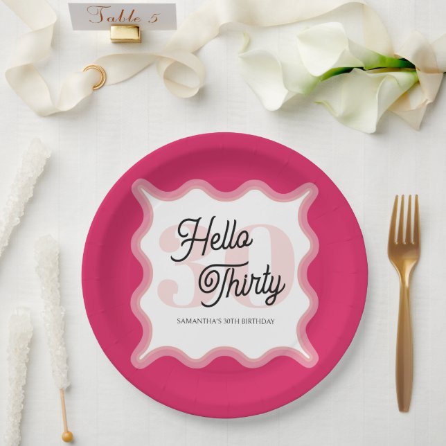 Hello Thirty Wavy Groovy 30th Birthday  Paper Plates (Wedding)