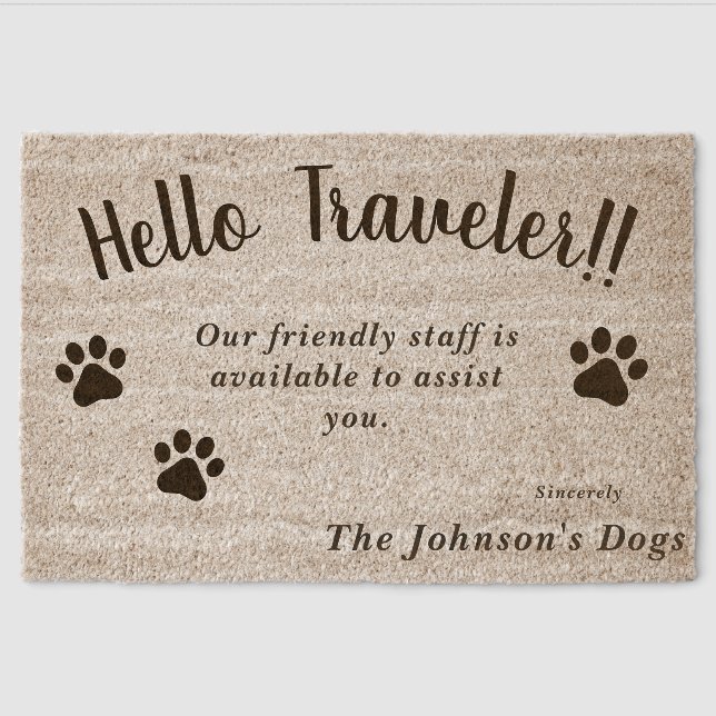 Hello traveler - Customizable Dog's name  Fiber Doormat (Front)