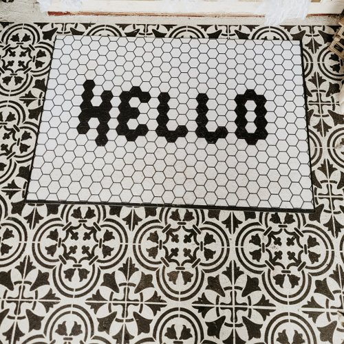 Hello Trendy Faux Tile Black and White Border Doormat