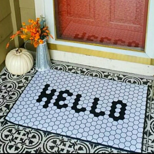 Hello Trendy Faux Tile Black & White Thick Border Doormat