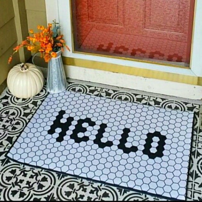 Hello Trendy Faux Tile Black & White Thick Border Doormat