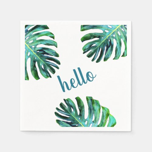 Hello Tropical Leaf Greenery Trendy Typography Napkins