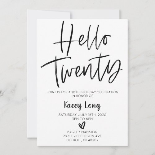 Hello Twenty 20th Birthday Invitation