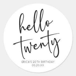 Hello Twenty Minimalist 20th Birthday Party Classic Round Sticker