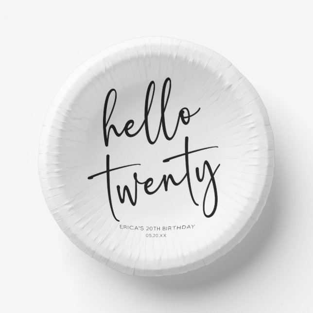 Hello Twenty Minimalist 20th Birthday Party Paper Bowls (Front)