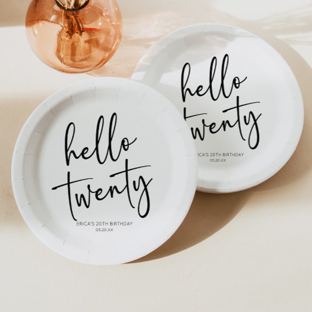 Hello Twenty Minimalist 20th Birthday Party Paper Plates (Creator Uploaded)
