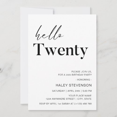 Hello Twenty Modern White Minimalist 20th Birthday Invitation